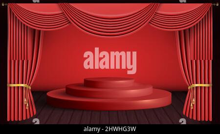 Theaterbühne mit roten Vorhängen und roter Bühne. 3D Draperievektor. Stock Vektor