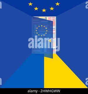 Halb offene Tür der Europäischen Union . Flaggen der EU-Länder hinter der Tür. Der Weg vor der Tür ist in den Farben der ukrainischen Flagge eingefärbt. Konzept der Anstrengung Stock Vektor