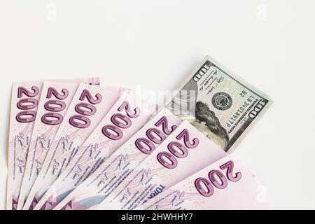 Nur hundert Dollar sind heute in der Türkei tausendvierhundert Lira wert. Stockfoto