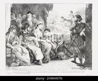 Hamlet fait jouer aux comédiens la scène de l’empoisonnement de son père (Gesetz. III SC. II) (Hamlet lässt die Schauspieler die Szene der Vergiftung seines Vaters spielen), aus Shakespeares Hamlet. Künstler: Eugène Delacroix, Französisch, 1798–1863 Stockfoto