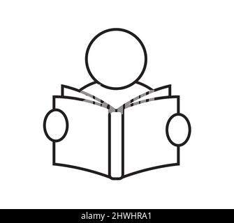 Mann liest Buch, flache lineare einfache Symbol. Piktogramm zum Lesen, Studieren, Information, Bildungskonzept. Vektorlinien-Illustration, einfach zu bearbeiten. Stock Vektor