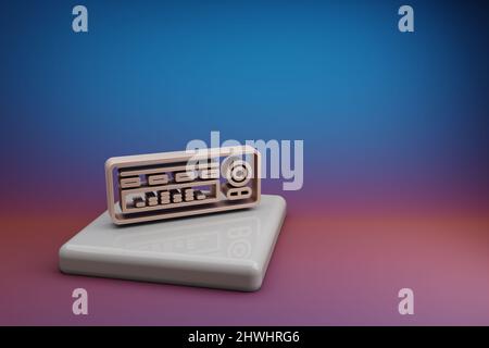 Wunderbares Autorradio. Schöne Symbole für Musiksymbole auf einem Keramikständer und einem hellen Hintergrund. 3D Rendering-Illustration. Hintergrundmuster für Stockfoto