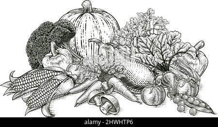 Gemüse Obst Produkte Lebensmittel Illustration Holzschnitt Stock Vektor