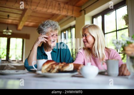 Glückliche ältere Freunde, die Kaffee und Kuchen trinken und sich zuhause unterhalten. Stockfoto