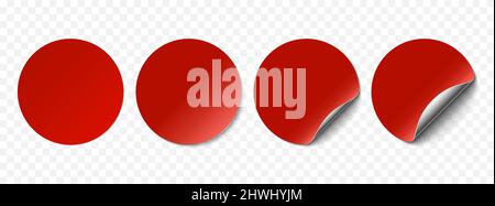 Vektor rot realistische Papier Aufkleber, verkaufen Tags isoliert auf transparentem Hintergrund. Set aus runden Stickern mit silbernen Ecken und weichen Schatten. 3 Stock Vektor