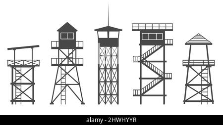 Beobachtungsturm im Gefängnis, in der Armee und für die Safari-Jagd. Military Camp Post Silhouette Vektor Illustration. Stock Vektor