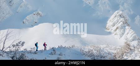 Landschaftsansicht des Skitourenpaares beim Aufsteigen in der Niederen Tatra in der Slowakei. Stockfoto