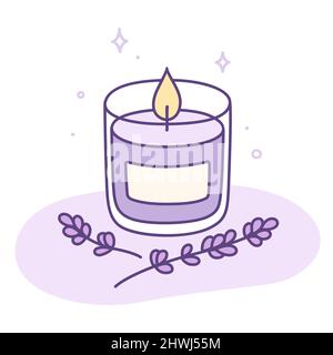 Duftkerze mit violetten Aromatherapie und Lavendelfeldern. Entspannung und Wellness-Doodle. Niedliche handgezeichnete Vektorgrafik. Stock Vektor