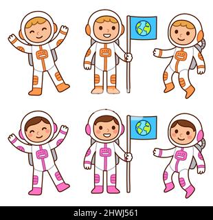 Niedliche Cartoon Astronaut Kinder Set. Kleiner Junge und Mädchen in verschiedenen Posen, schweben im Raum und halten Flagge. Isolierte Vektor-Clip-Art-Illustration Stock Vektor