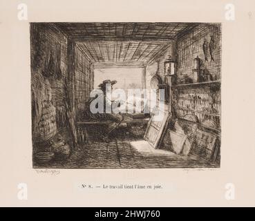 Le Bateau-Atelier (Das Boat-Studio). Künstler: Charles-François Daubigny, Französisch, 1817–1878 Stockfoto