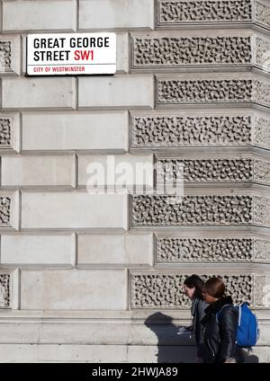 Straßenschild in Richtung Great George Street, Westminster SW1, London, England. Stockfoto