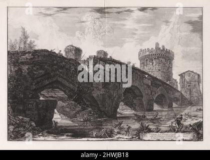 Veduta del Ponte Lugano su l’Anione … (Blick auf die Ponte Lugano auf dem Anio … ), von Vedute di Roma (Blick auf Rom). Künstler: Giovanni Battista Piranesi, Italienisch, 1720–1778 Stockfoto