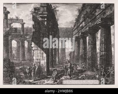 A., B. Vue des restes interieurs d’un des Pronaos du Temple de Neptune qui regarde du côté de la terre … (A., B. Innenansicht der Überreste eines der Pronaoi des Neptuntempels, der Inland … gegenübersteht ), aus différentes vues de … Pesto (verschiedene Ansichten von … Paestum). Künstler: Giovanni Battista Piranesi, Italienisch, 1720–1778 Stockfoto