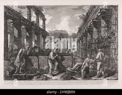 Frontispiz, von différentes vues de … Pesto (verschiedene Ansichten von … Paestum): Vue des restes intérieures du Temple de Neptune (Ansicht mit den Überresten des Inneren des Neptuntempels). Künstler: Giovanni Battista Piranesi, Italienisch, 1720–1778 Stockfoto