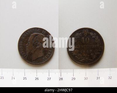 10 Centesimi von Viktor Emanuel II., König von Italien aus Straßburg. Herrscher: Victor Emmanuel II., König von Italien, italienisch, 1820–1878, regierte 1861–78 Münzstätte: StrasbourgGravur: Giuseppe Ferraris, italienisch, 1791–1869 Stockfoto