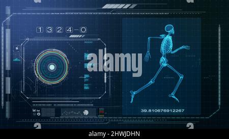 Illustration menschliches Skelett läuft mit futuristischem User Interface Design Stockfoto