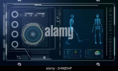 Illustration menschliches Skelett Gehen mit futuristischem User Interface Design Stockfoto
