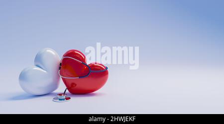 Stethoskop um rotes Herz gewickelt, sicheres Herzkonzept, 3D Illustration Rendering Stockfoto