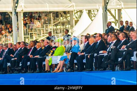 Ouistreham, Sword Beach, Normandie, Frankreich, 70.. Jahrestag der D-Day-Invasion, Gruppe von Weltführern, darunter Präsident Obama, Königin Elizabeth II. Und Vladamir Putin Stockfoto