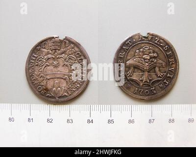 1 Testone of Unknown; Tommaso Mercandetti; Papst Clemens XI. Aus Rom. Künstler: Unbekannt Herrscher: Tommaso Mercandetti, italienisch, 1758–1821Ruler: Papst Clement XI, italienisch, 1649–1721 Münzstätte: Rom Stockfoto