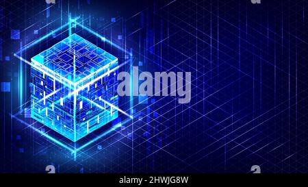 HUD-Energiebox. Smartcode. Big Data. Digitalchip. Blendgitterlinien. 3D Würfel leuchten. CPU-Kern. Abstrakter Rasterhintergrund. Computeringenieur. Blockchain Stock Vektor