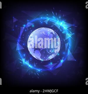 Sicherheit und Datenschutz. Leuchtende Kugel aus Sechseck und Globus. High-Tech-Schutz. Computer von Antivirus und kriminelle. Schutz und Immunität in Th Stock Vektor