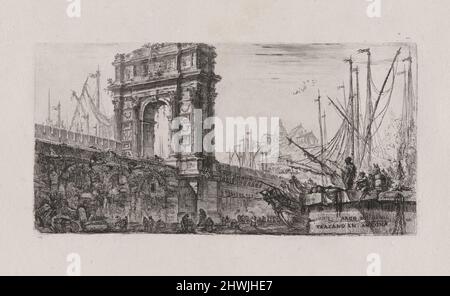Tav. 28 Arco di Trajano in Anconica (Pl. 28 Trajan-Bogen in Anconara), von Alcune Vedute di Archi Trionfali ed altri monumenti inalzati da Romani parte de quali se veggono in Roma e parte per l’Italia (Einige Ansichten der Triumphbogen und andere Monumente, die von den Römern errichtet wurden, einige davon in Rom und andere in Italien). Künstler: Giovanni Battista Piranesi, Italienisch, 1720–1778 Stockfoto