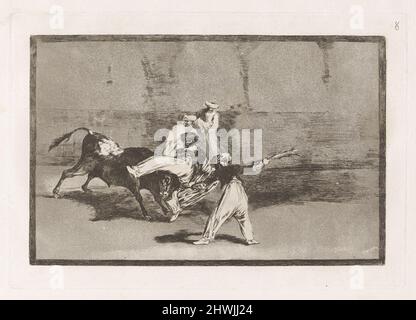 Cogida de un moro estando en la plaza (Ein Moor, der vom Stier im Ring gefangen wurde), Platte 8 aus La tauromaquia. Künstler: Francisco Goya, Spanisch, 1746–1828 Stockfoto