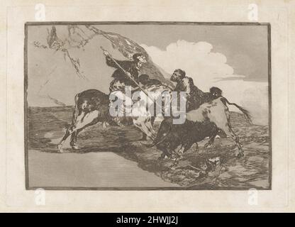 Modo con que los Antiguos españoles cazaban los toros á caballo en el campo (die Art und Weise, wie die alten Spanier Bulls auf dem Pferderücken im offenen Land jagten), Platte 1 von La tauromaquia. Künstler: Francisco Goya, Spanisch, 1746–1828 Stockfoto