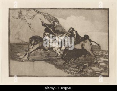 Modo con que los Antiguos Españoles cazaban los toros á caballo en el campo (die Art und Weise, wie die alten Spanier Bulls auf dem Pferderücken im offenen Land jagten), Platte 1 von La tauromaquia. Künstler: Francisco Goya, Spanisch, 1746–1828 Stockfoto