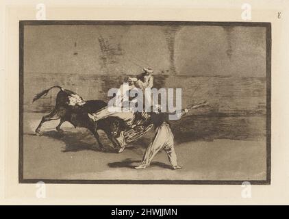 Cogida de un Moro estando en la plaza (Ein Moor, der vom Stier im Ring gefangen wurde), Platte 8 aus La tauromaquia. Künstler: Francisco Goya, Spanisch, 1746–1828 Stockfoto