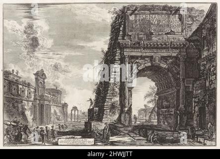 Veduta dell’Arco di Tito (Blick auf den Titusbogen [mit der Villa Farnese links]), von Vedute di Roma (Blick auf Rom). Künstler: Giovanni Battista Piranesi, Italienisch, 1720–1778 Stockfoto