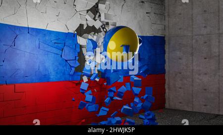 Ukrainischer Krieg, Abrissball mit der Flagge der Ukraine zerstört die Mauer mit der Flagge Russlands. Krieg, Konflikt, die Ukraine gewinnt, Russland verliert Stockfoto