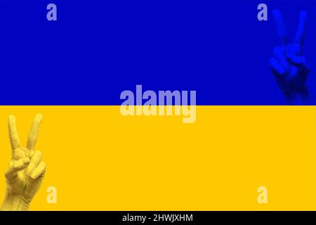Ukraine Hände auf ukrainische Flagge rechts oben unten Ecken links Stockfoto