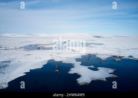 Rannoch Moor und Black Mount im Winter mit Schnee bedeckt Luftaufnahme Stockfoto