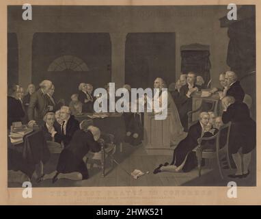 Das erste Gebet im Kongress/September 1774 in der Halle der Fürstenleute in Philadelphia. Künstler: Harvey S. Sadd, Amerikaner, geboren in England, 1776–1840 Stockfoto