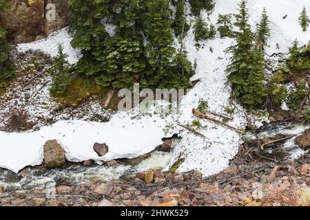 Schnee von der Winterlawine im Golden Gate Canyon im Yellowstone National Park, Wyoming, USA Stockfoto