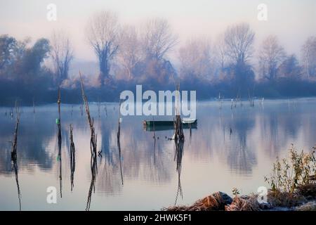 Ein vergessenes Fischerboot im Nebenfluss der Donau bei Novi Sad, Serbien. Stockfoto