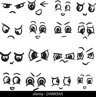 Cartoon Doodle Emoticon Kawaii Gesichter und Augen Icon Logo Collection Stock Vektor