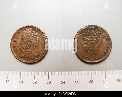 Halfpenny von Karl II., König von England und Schottland. Herrscher: Karl II., König von England und Schottland, Brite, 1630–1685, regierte 1660–85 Stockfoto