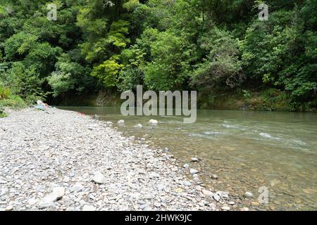 Malerische Waioeka Gorge und Flusslandschaft Wasser fließt über steinigen Flussbett mit einheimischen Busch und Bäumen zu Wasser. Stockfoto