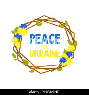 Ukrainischer Rahmen aus Stäben mit Blumen Text Frieden für die Ukraine mit zwei Farben blau und gelb im Cartoon-Stil. Elemente für das Design. . Vektorgrafik Stock Vektor