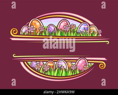 Vektorborder für Osterferien mit Texterscheinung, horizontaler Gutschein mit Darstellung vieler verschiedener ostereier auf Frühlingsgras, dekorativ Stock Vektor