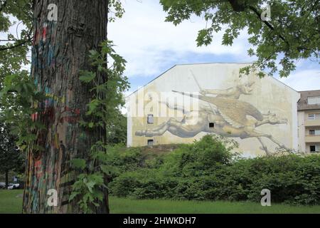 Wandbild Wildzeichnung, MOS, 2016, in Wiesbaden, Mainz-Kastel, Hessen, Deutschland Stockfoto