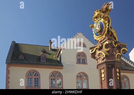 Marktbrunnen und altes Rathaus am Schlossplatz, in Wiesbaden, Hessen, Deutschland Stockfoto