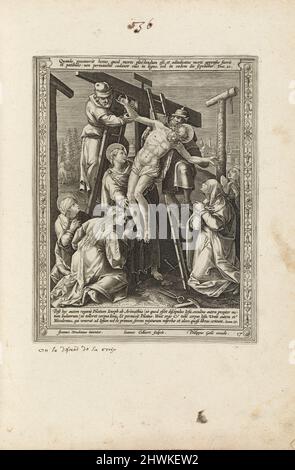 Der Abstieg vom Kreuz, pl. 17 aus der Serie Passio, Mors, et Resurrectio, DN. Nostri Iesu Christi (das Leiden, der Tod und die Auferstehung Christi). Kupferstecher: Jan Collaert II, Flämisch, ca. 1561–ca. 1620After: Stradanus (Jan van der Straet), Flämisch, 1523–1605Publisher: Philip Galle, Flämisch, 1537–1612 Stockfoto