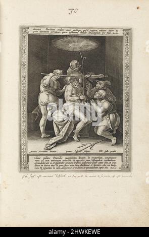 Die Krönung mit Dornen, pl. 11 aus der Serie Passio, Mors, et Resurrectio, DN. Nostri Iesu Christi (das Leiden, der Tod und die Auferstehung Christi). Kupferstecher: Jan Collaert II, Flämisch, ca. 1561–ca. 1620After: Stradanus (Jan van der Straet), Flämisch, 1523–1605Publisher: Philip Galle, Flämisch, 1537–1612 Stockfoto