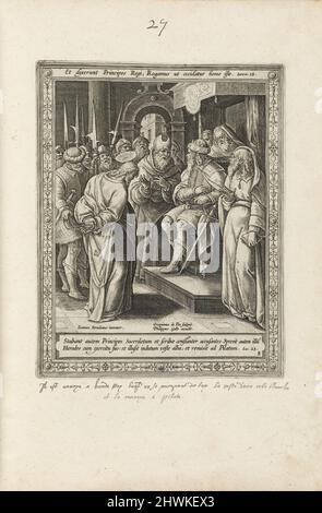 Christus vor Herodes, pl. 8 aus der Serie Passio, Mors, et Resurrectio, DN. Nostri Iesu Christi (das Leiden, der Tod und die Auferstehung Christi). Kupferstecher: Crispijn de Passe der Ältere, Niederländisch, 1565–1637After: Stradanus (Jan van der Straet), Flämisch, 1523–1605Publisher: Philip Galle, Flämisch, 1537–1612 Stockfoto