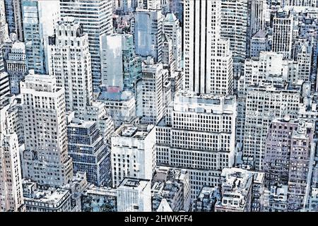 Zeichnung von Wolkenkratzern in New York City in Midtown Manhattan aus einer Panoramaansicht Stockfoto