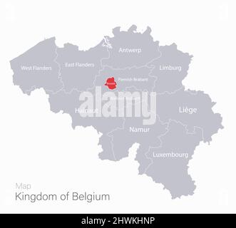 Belgien Karte, Regionen und Hauptstadt mit Namen, grau auf weißem Hintergrund Vektor Stock Vektor
